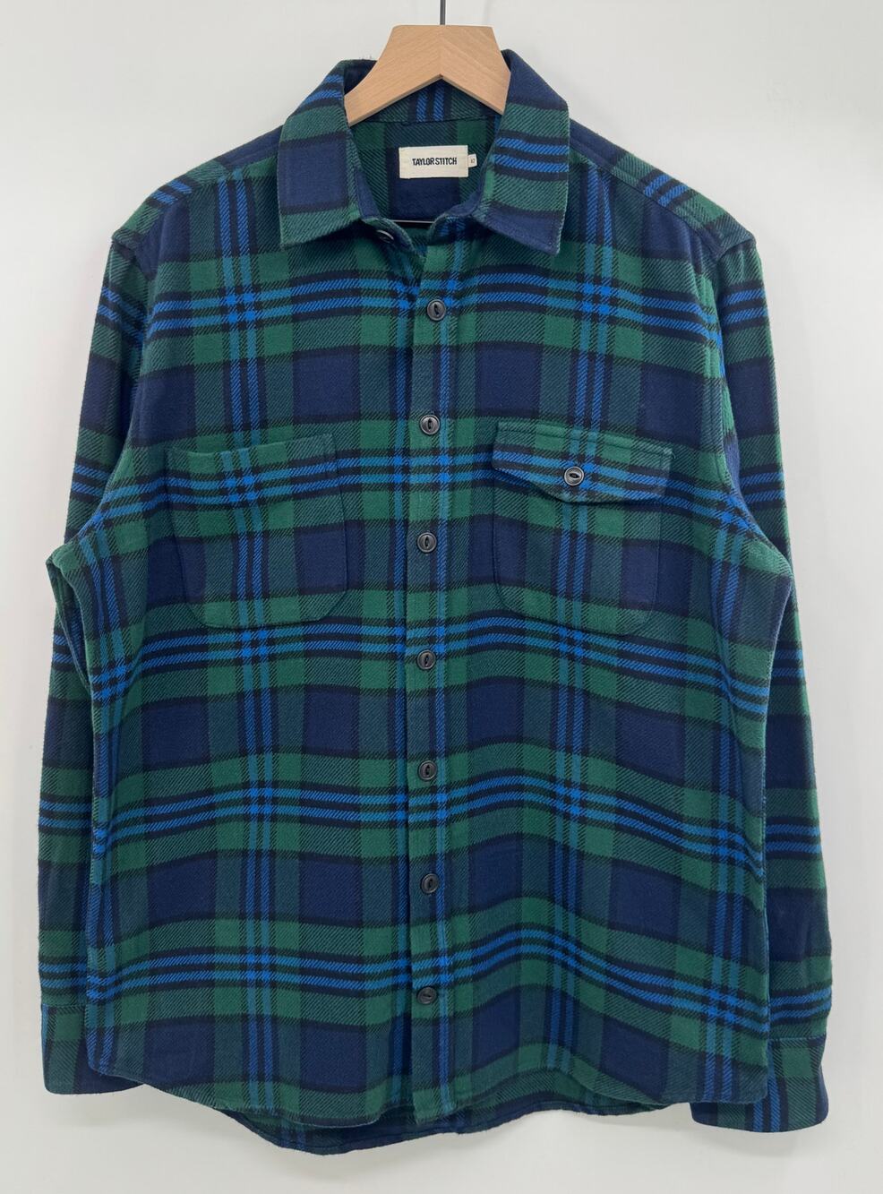 Taylor Stitch Crater Shirt Blue Green Flannel Heavyweight Plaid Button Down 42 L